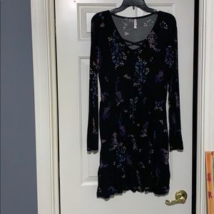 Black dress with purple and blue flowers